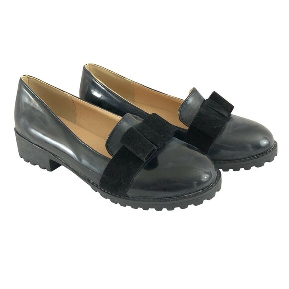 Womens Slip On Loafers Rockabilly Retro Faux Leather Bow Black 38 US Size 7 - Picture 1 of 4